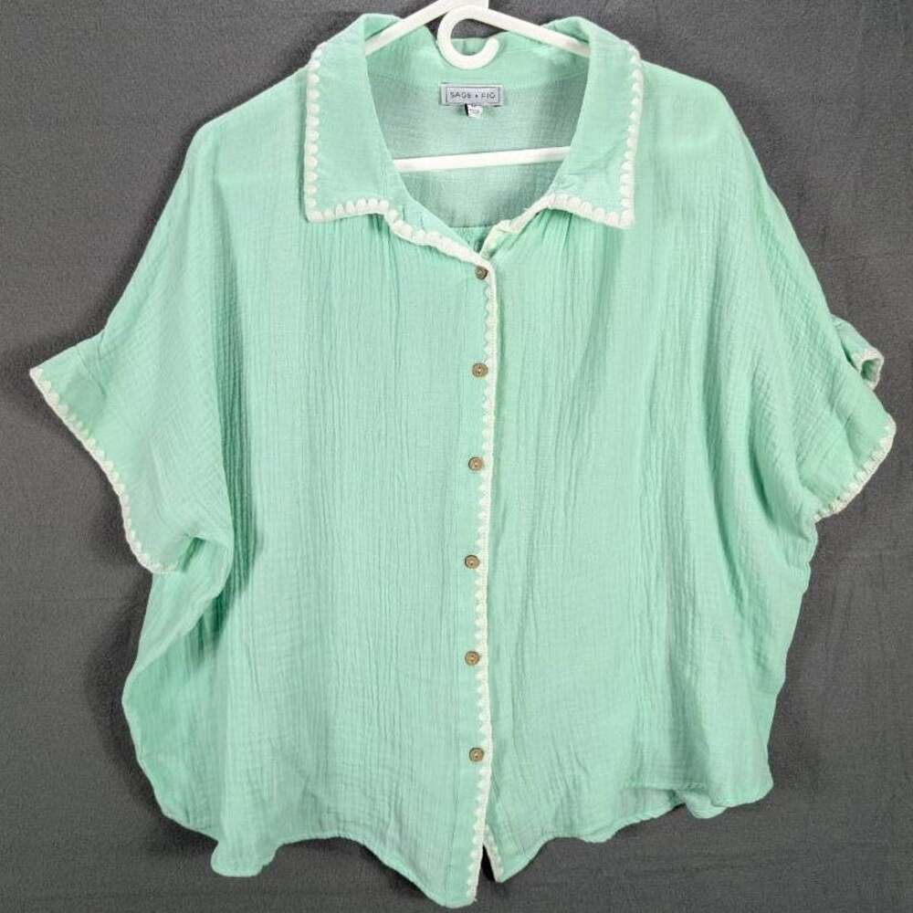SAGE + FIG Shirt Womens Medium Mint Green Short Sleeve Gauze Button Up Lagenlook